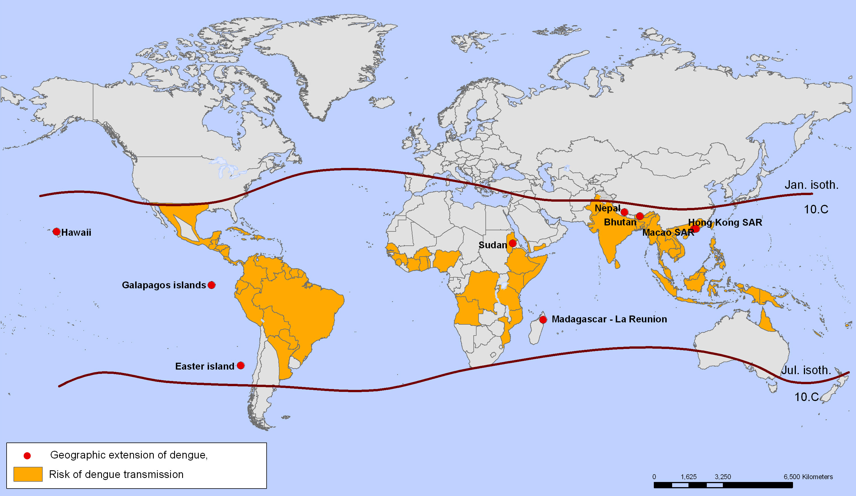 Países y zonas con alto riesgo de transmisión de dengue